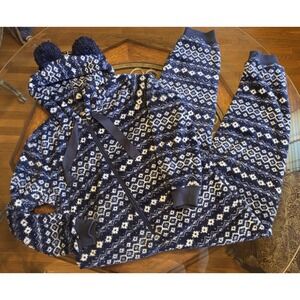 Aerie Sherpa Fleece Romper Medium PomPom Hooded‎ Nordic Fair Isle Snowflake
